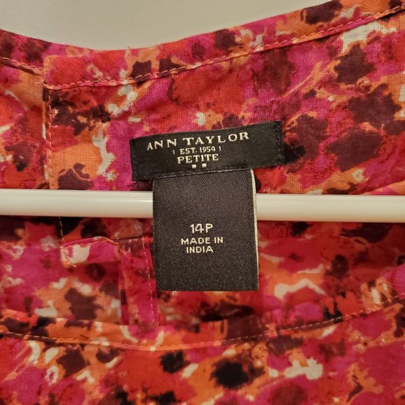 Ann Taylor Sleeveless Blouse with Ruffles, Petite 14P,  Red Orange Abstract - Picture 2 of 8